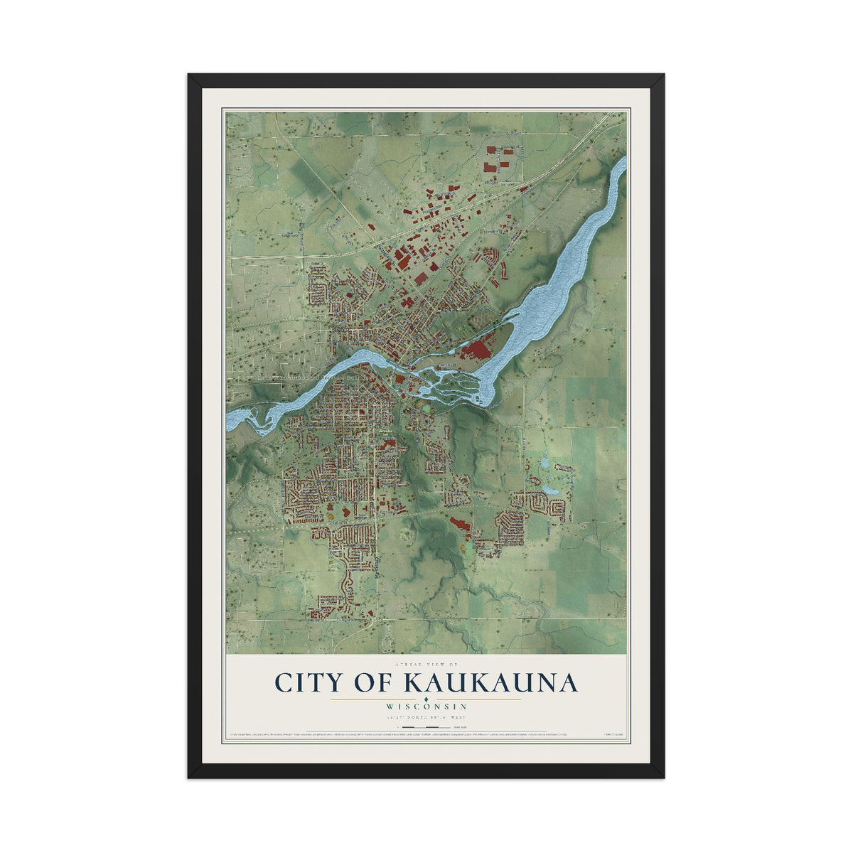 Map of Kaukauna, Wisconsin, 12 x 18 inch print in a black wood frame