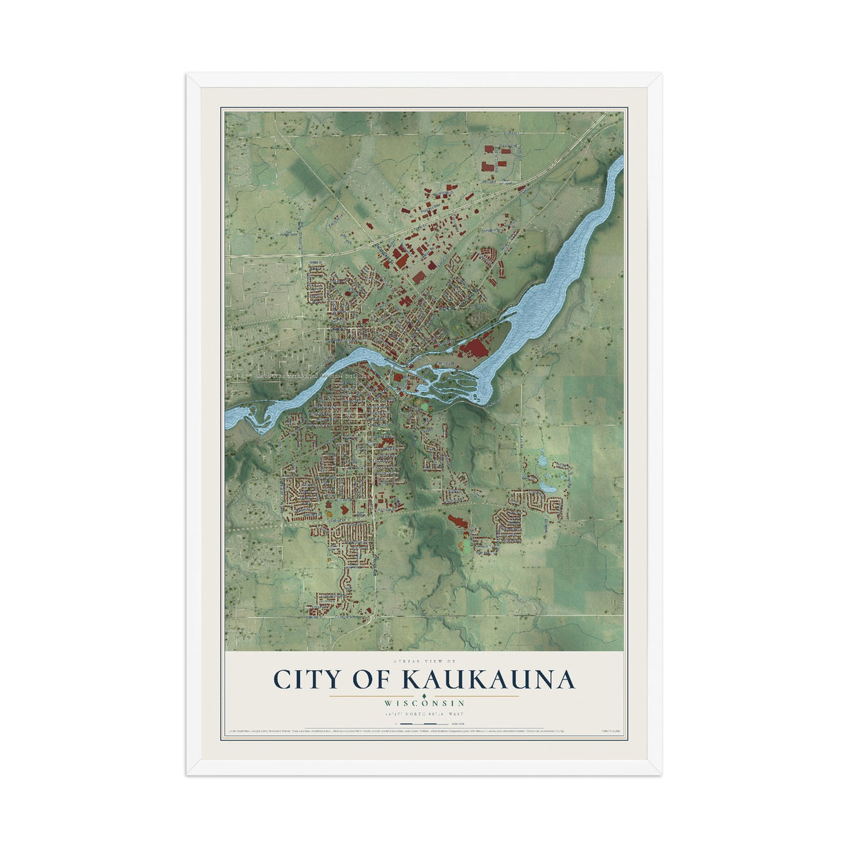 Map of Kaukauna, Wisconsin, 12 x 18 inch print in a white wood frame