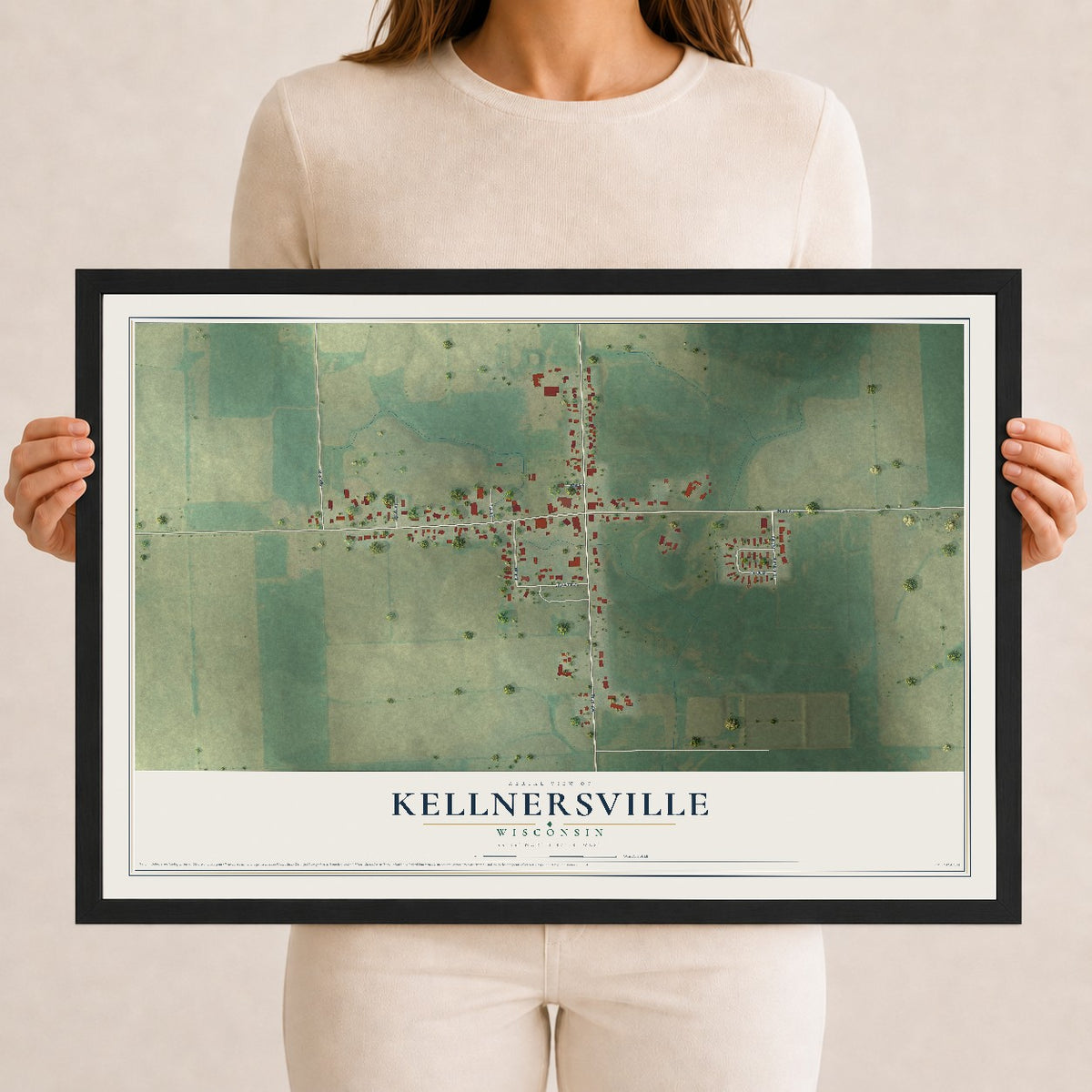 Map of Kellnersville, Wisconsin, 12 x 18 inch print in a black wood frame