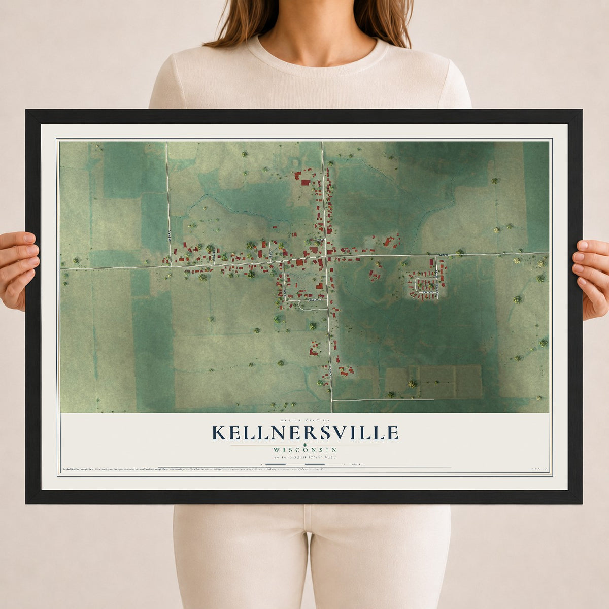 Map of Kellnersville, Wisconsin, 18 x 24 inch print in a black wood frame