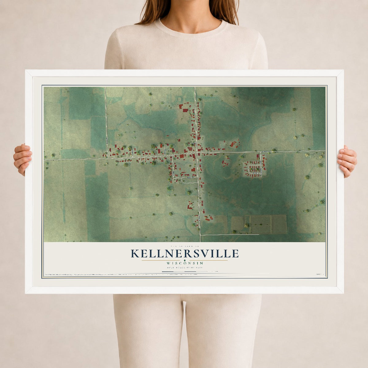 Map of Kellnersville, Wisconsin, 24 x 36 inch print in a white wood frame