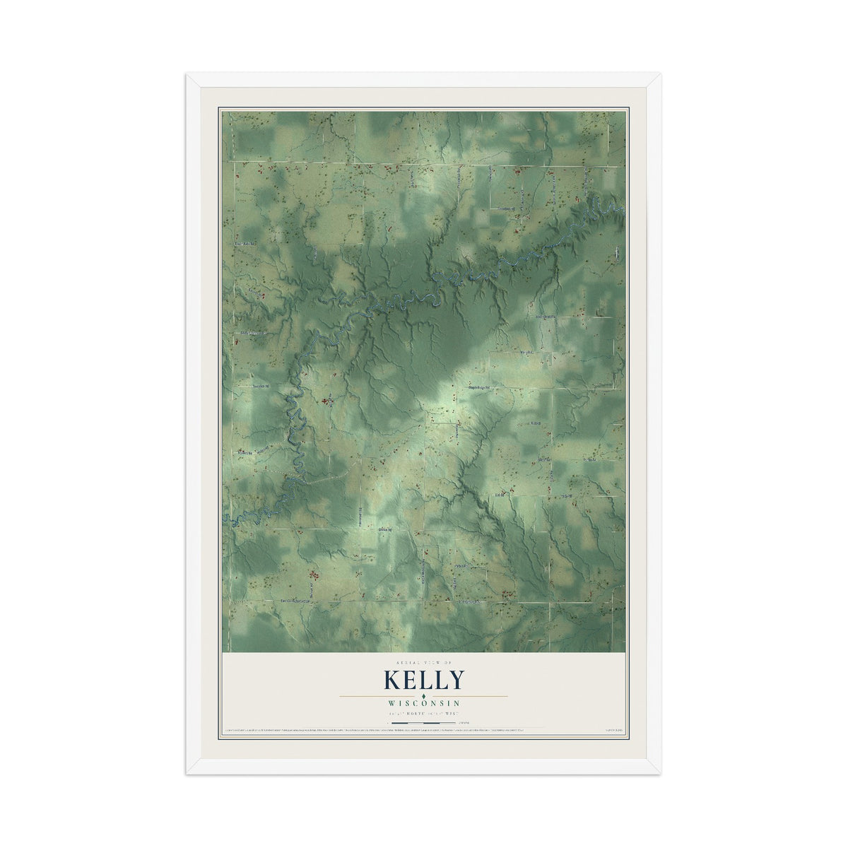 Map of Kelly, Wisconsin, 12 x 18 inch print in a white wood frame