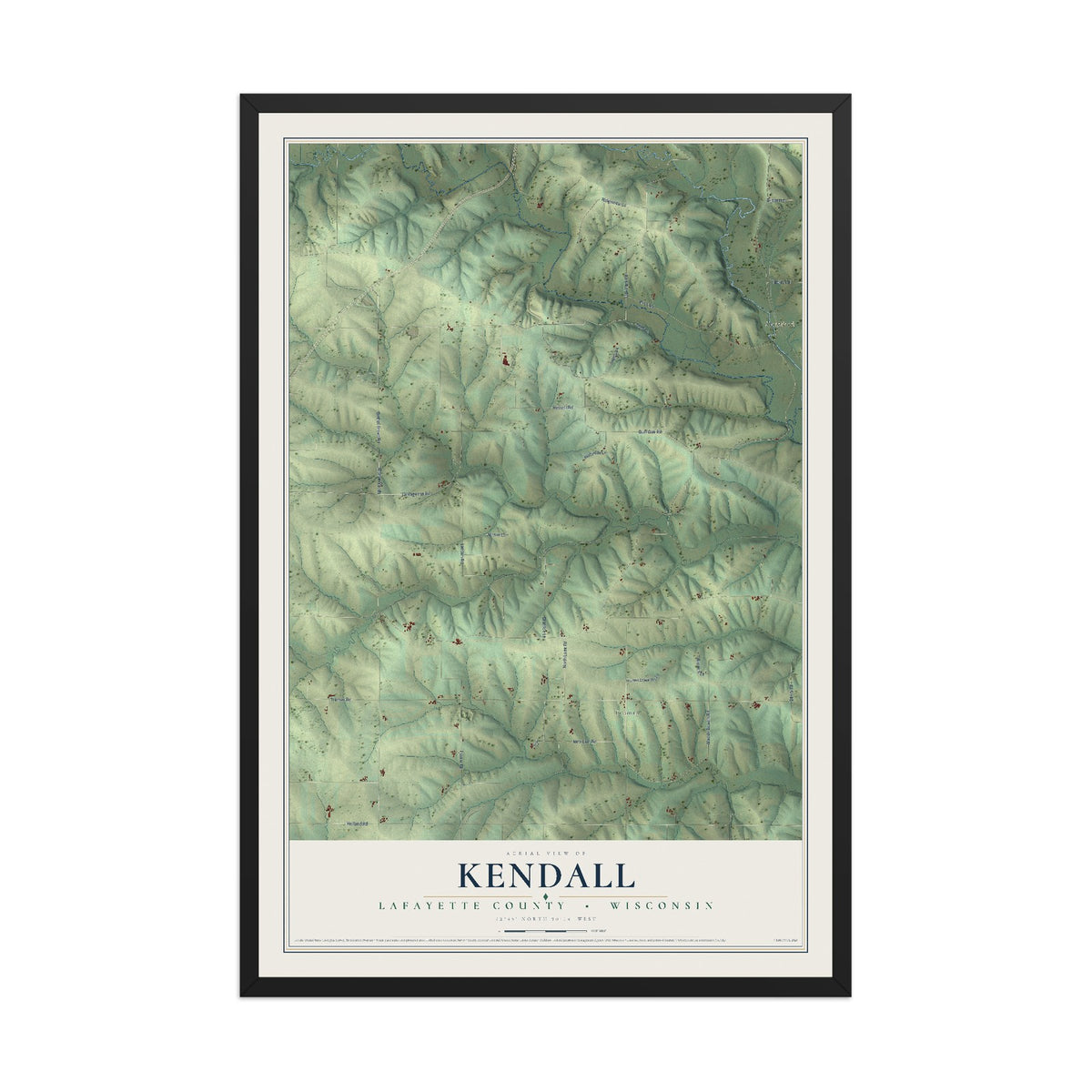 Map of Kendall, Lafayette County, Wisconsin, 12 x 18 inch print in a black wood frame