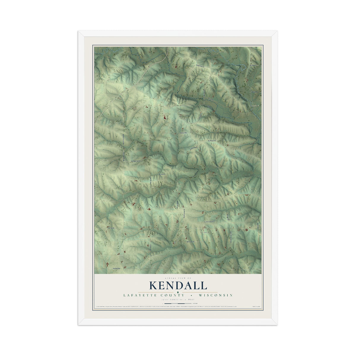 Map of Kendall, Lafayette County, Wisconsin, 12 x 18 inch print in a white wood frame