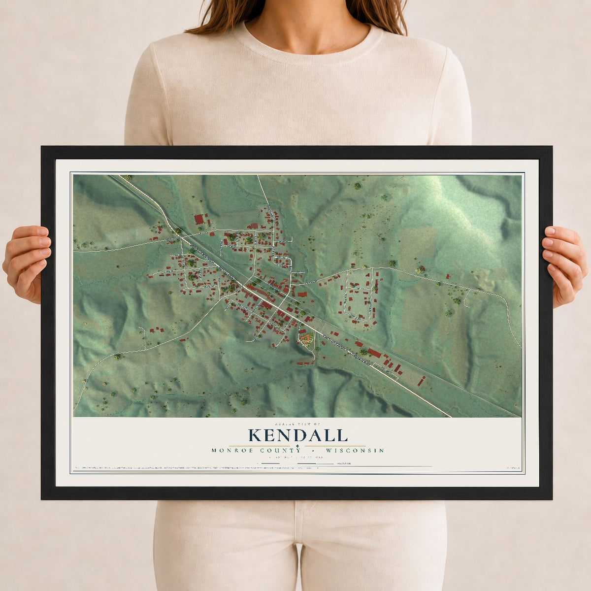 Map of Kendall, Monroe County, Wisconsin, 12 x 18 inch print in a black wood frame