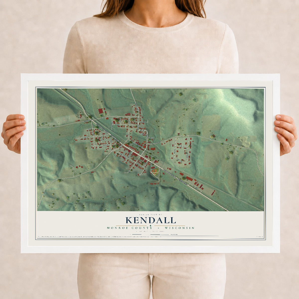 Map of Kendall, Monroe County, Wisconsin, 12 x 18 inch print in a white wood frame
