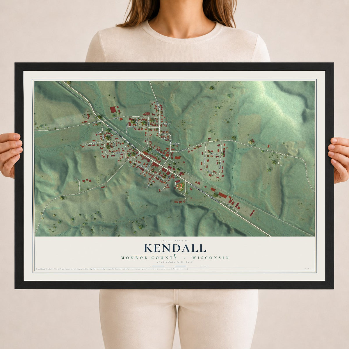 Map of Kendall, Monroe County, Wisconsin, 18 x 24 inch print in a black wood frame