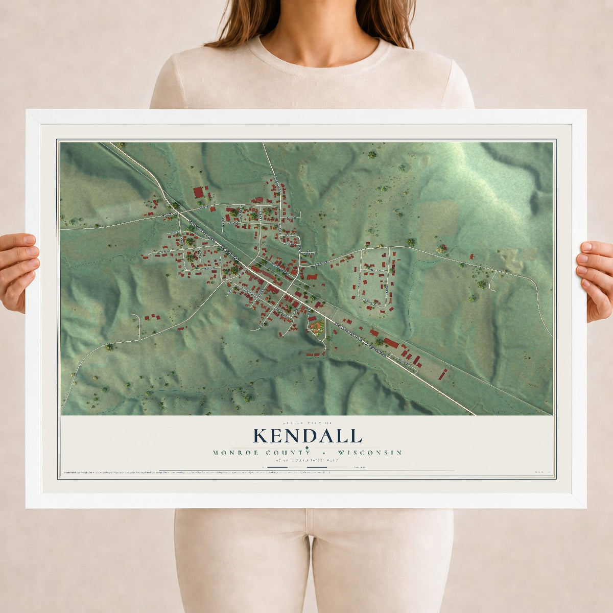 Map of Kendall, Monroe County, Wisconsin, 18 x 24 inch print in a white wood frame