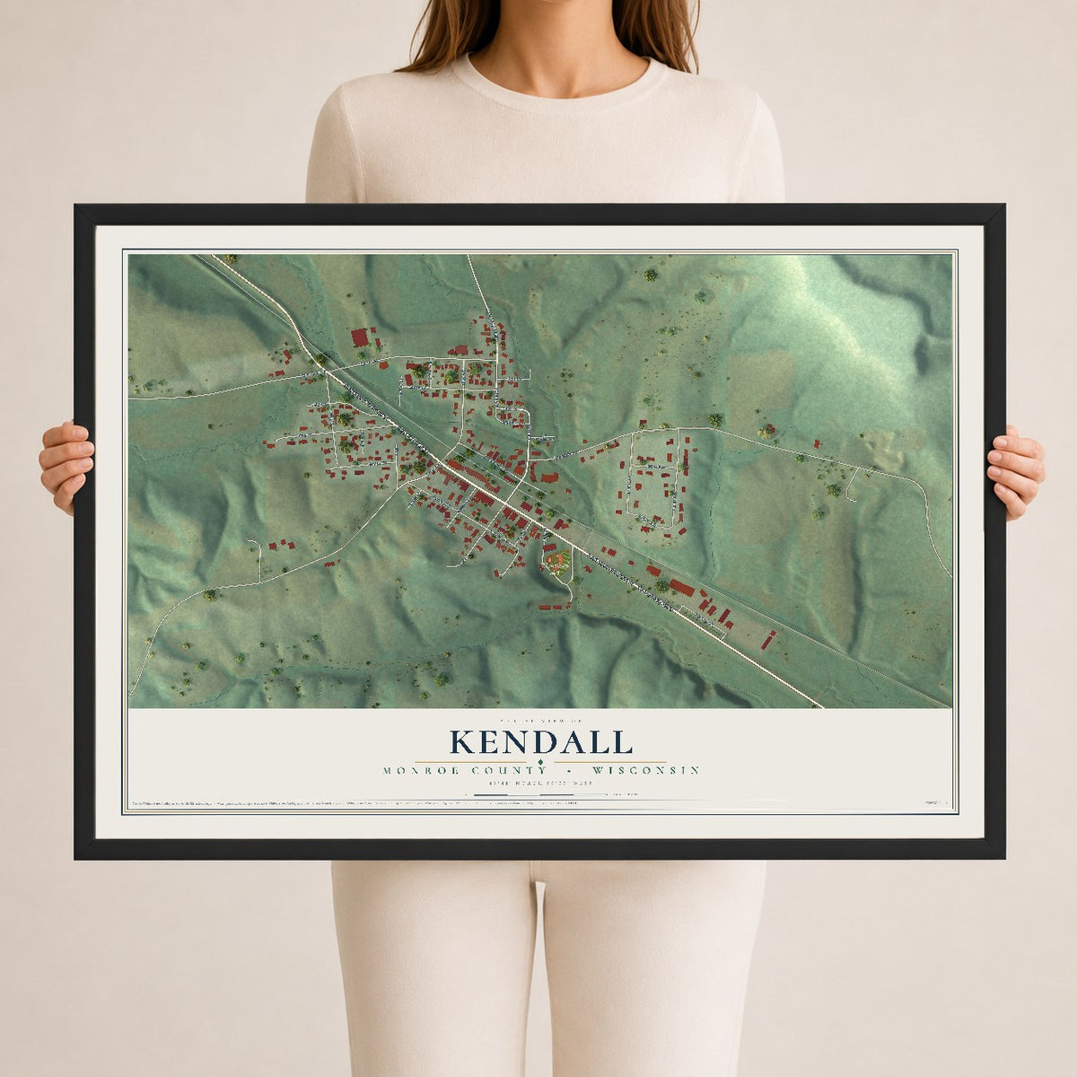 Map of Kendall, Monroe County, Wisconsin, 24 x 36 inch print in a black wood frame