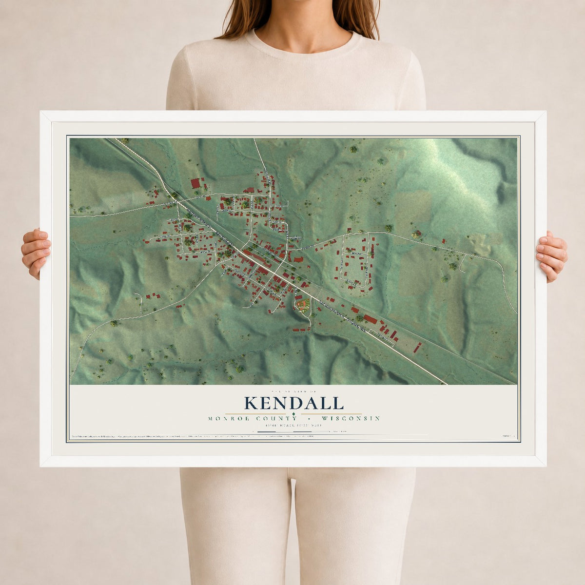 Map of Kendall, Monroe County, Wisconsin, 24 x 36 inch print in a white wood frame
