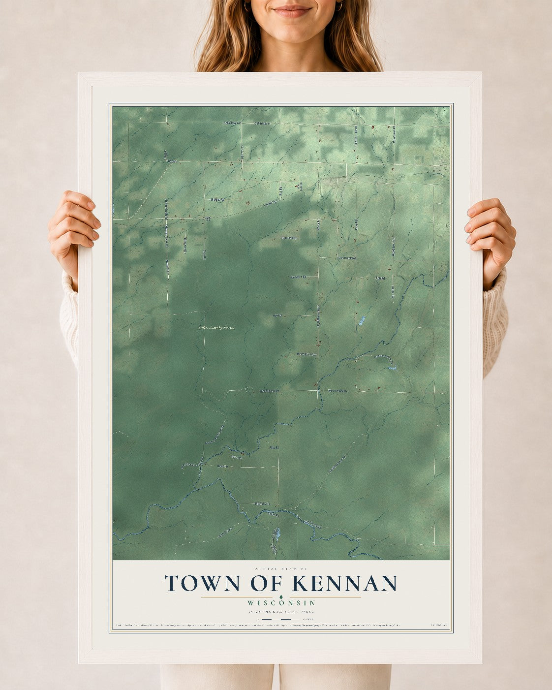Map of the Town of Kennan, Wisconsin, 24 x 36 inch print in a white wood frame