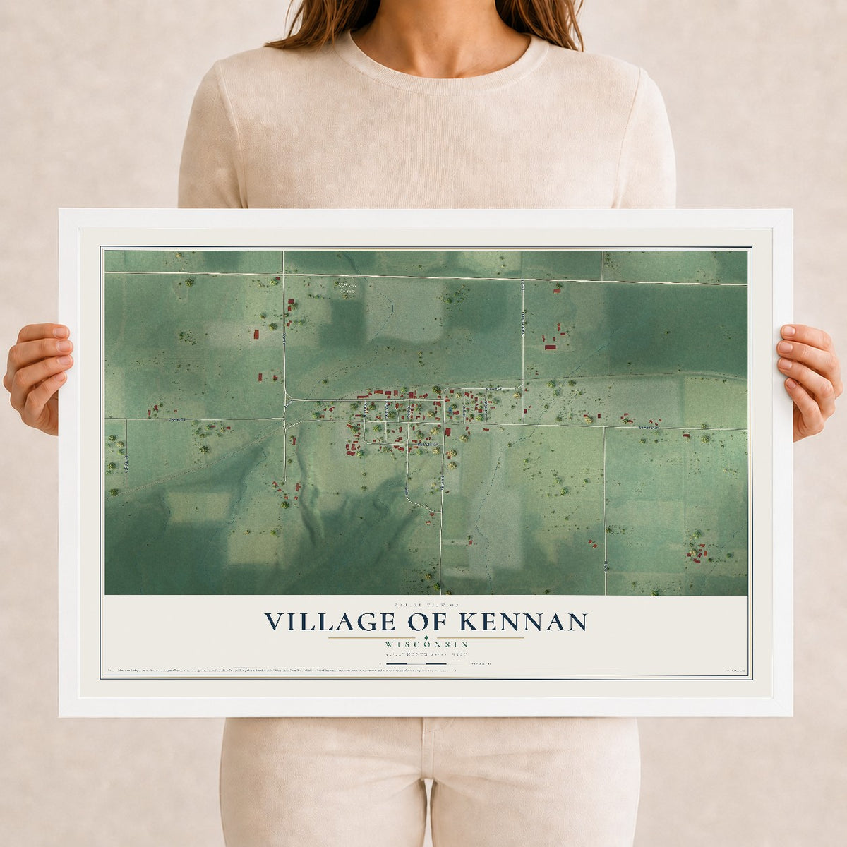Map of Kennan, Wisconsin, 12 x 18 inch print in a white wood frame