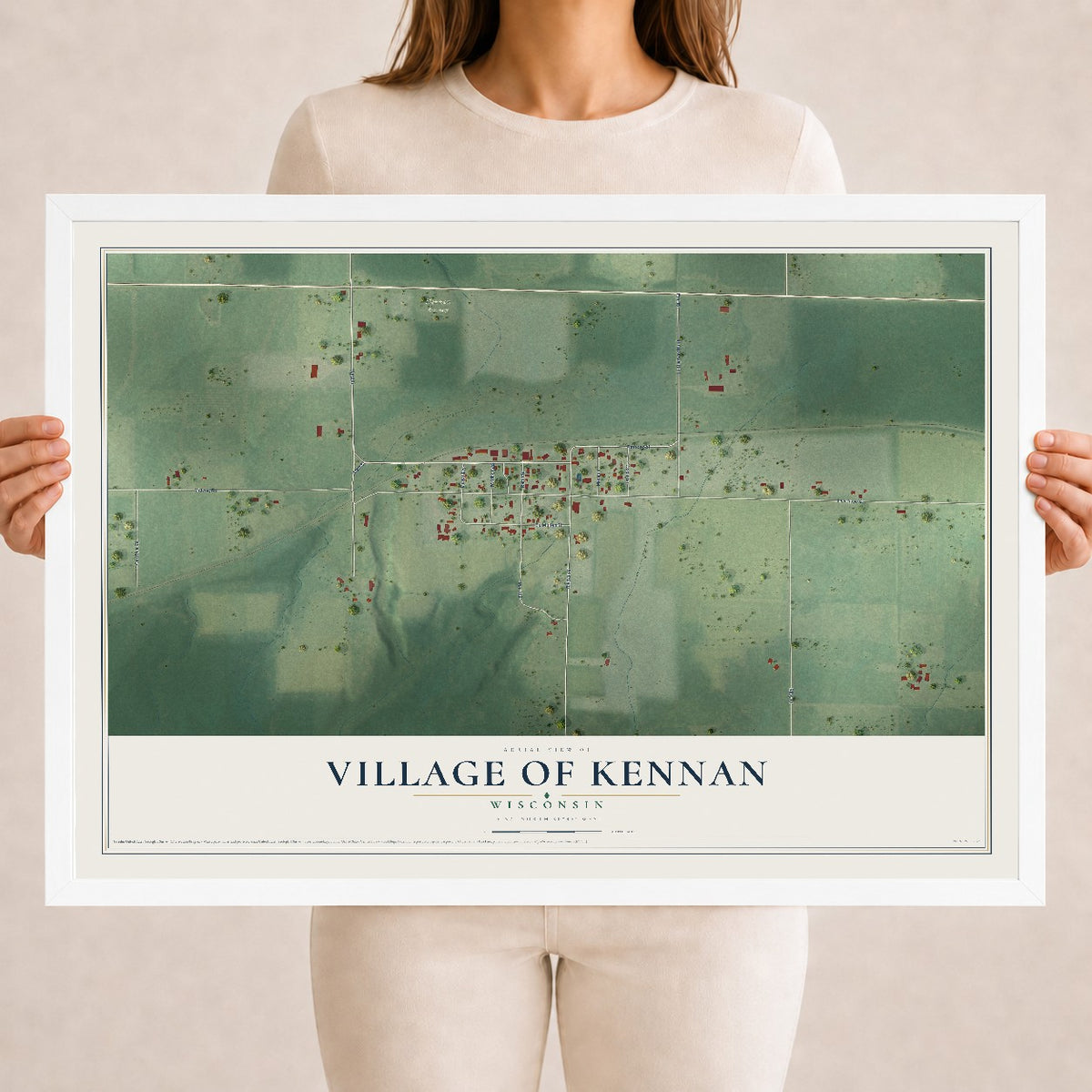 Map of Kennan, Wisconsin, 18 x 24 inch print in a white wood frame