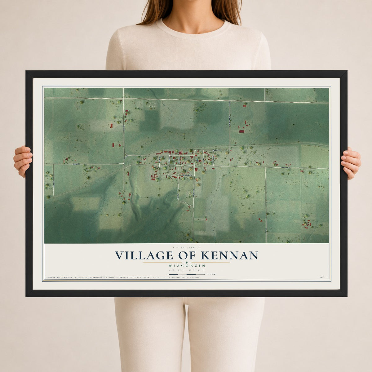 Map of Kennan, Wisconsin, 24 x 36 inch print in a black wood frame