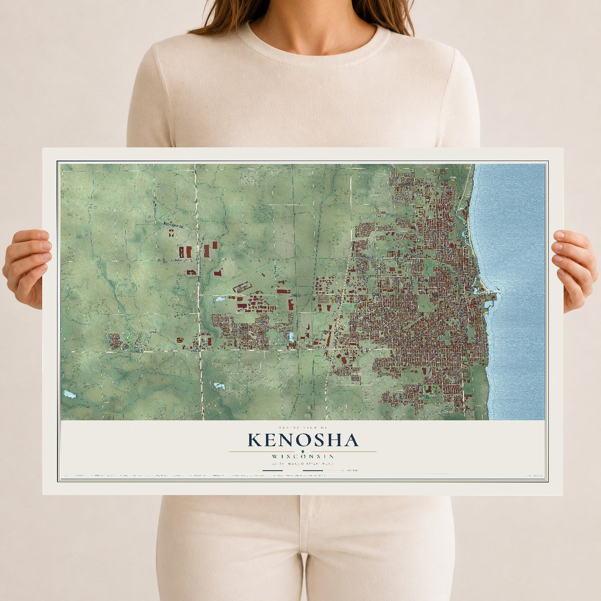 Map of Kenosha, Wisconsin, 12 x 18 inch unframed archival matte print