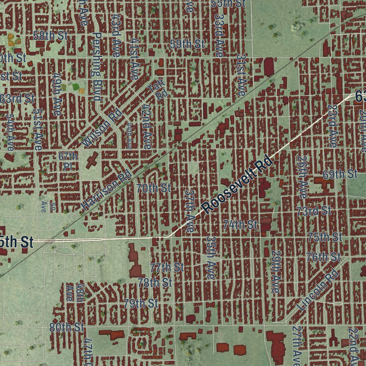 Close-up of the map of Kenosha, Wisconsin print showing street and building detail