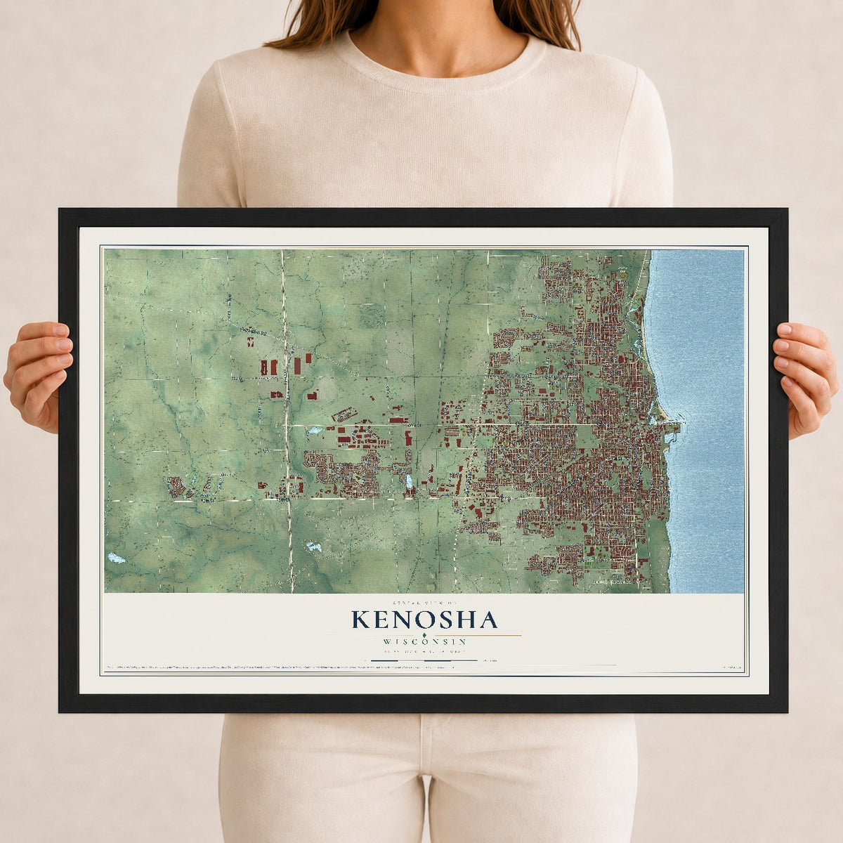 Map of Kenosha, Wisconsin, 12 x 18 inch print in a black wood frame