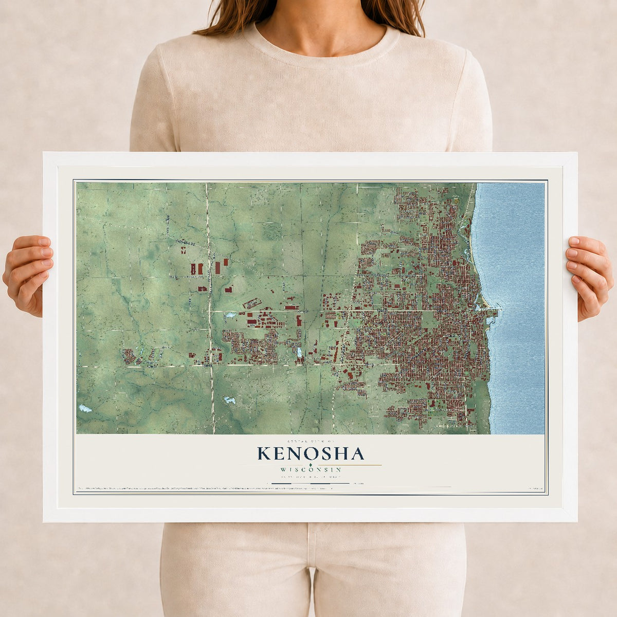 Map of Kenosha, Wisconsin, 12 x 18 inch print in a white wood frame