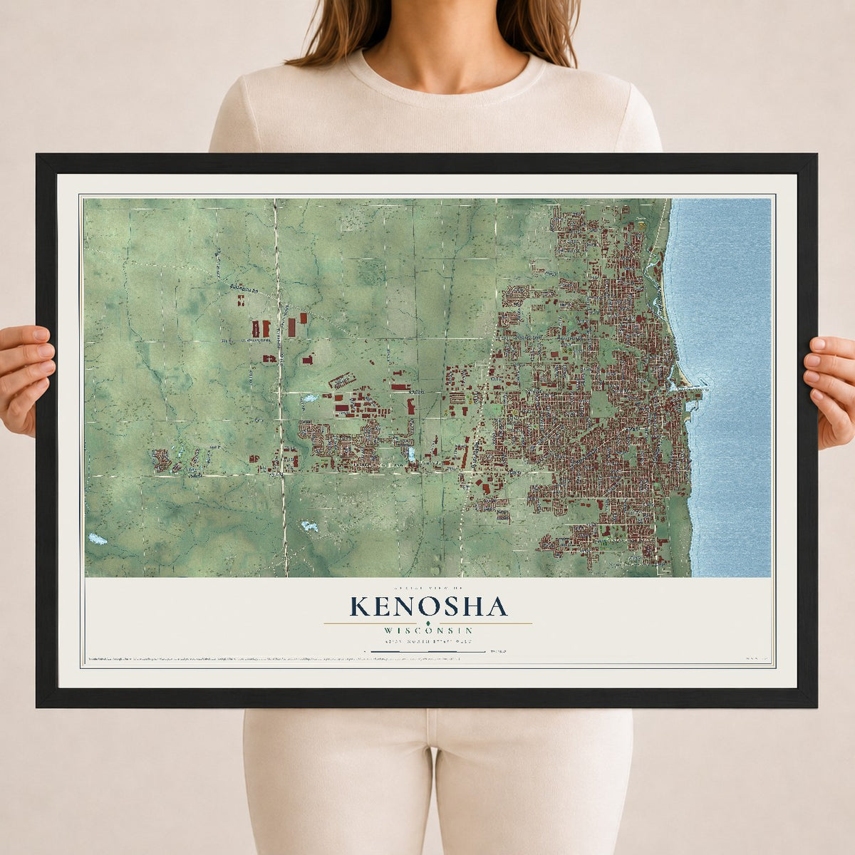 Map of Kenosha, Wisconsin, 18 x 24 inch print in a black wood frame