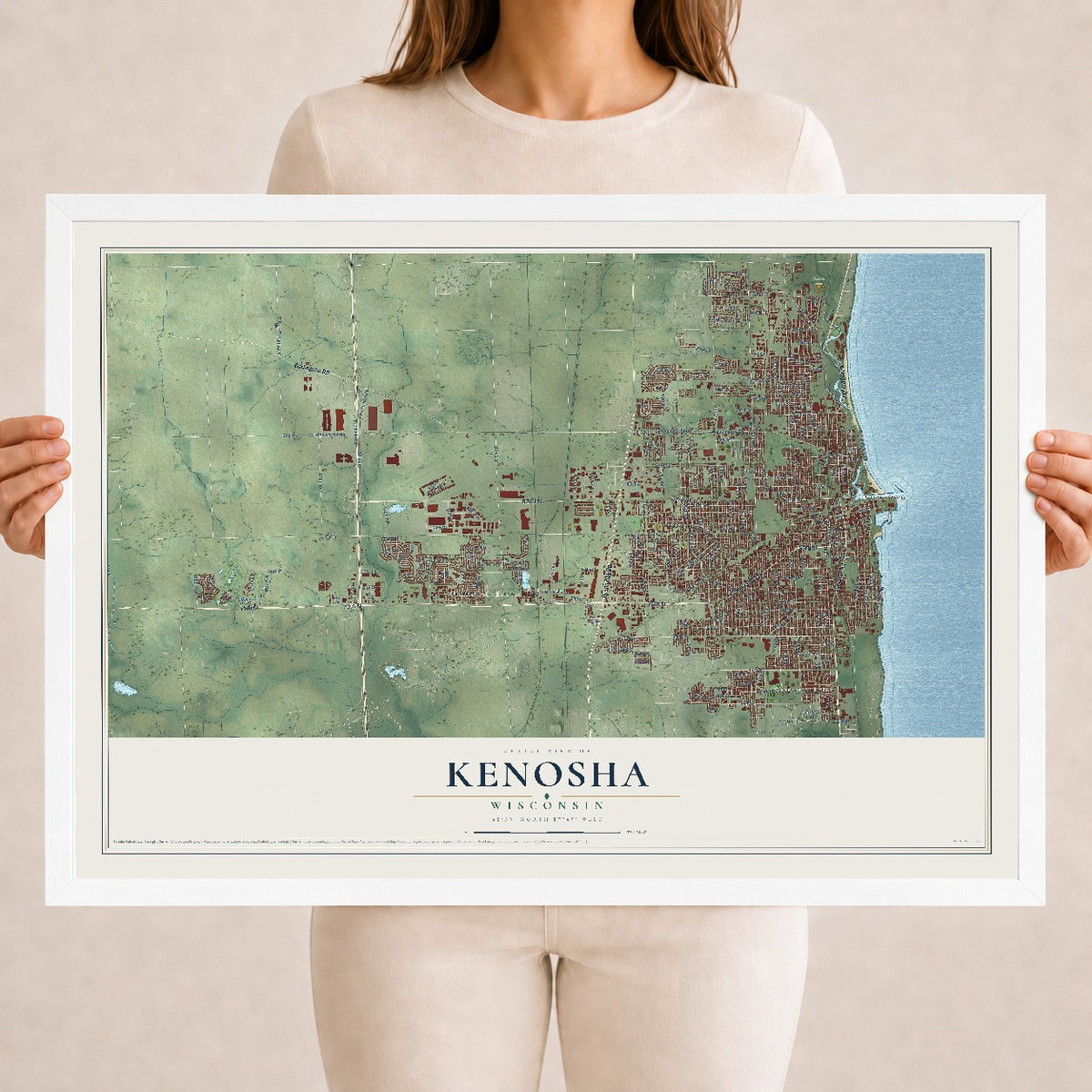 Map of Kenosha, Wisconsin, 18 x 24 inch print in a white wood frame