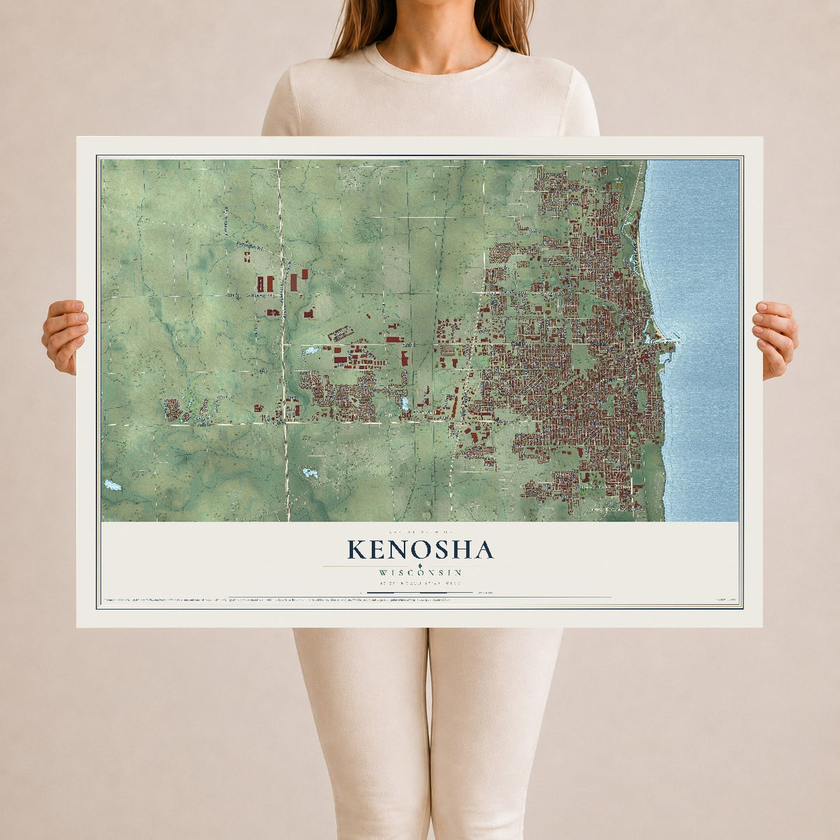 Map of Kenosha, Wisconsin, 24 x 36 inch unframed archival matte print