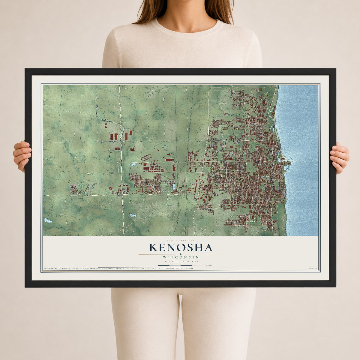 Map of Kenosha, Wisconsin, 24 x 36 inch print in a black wood frame