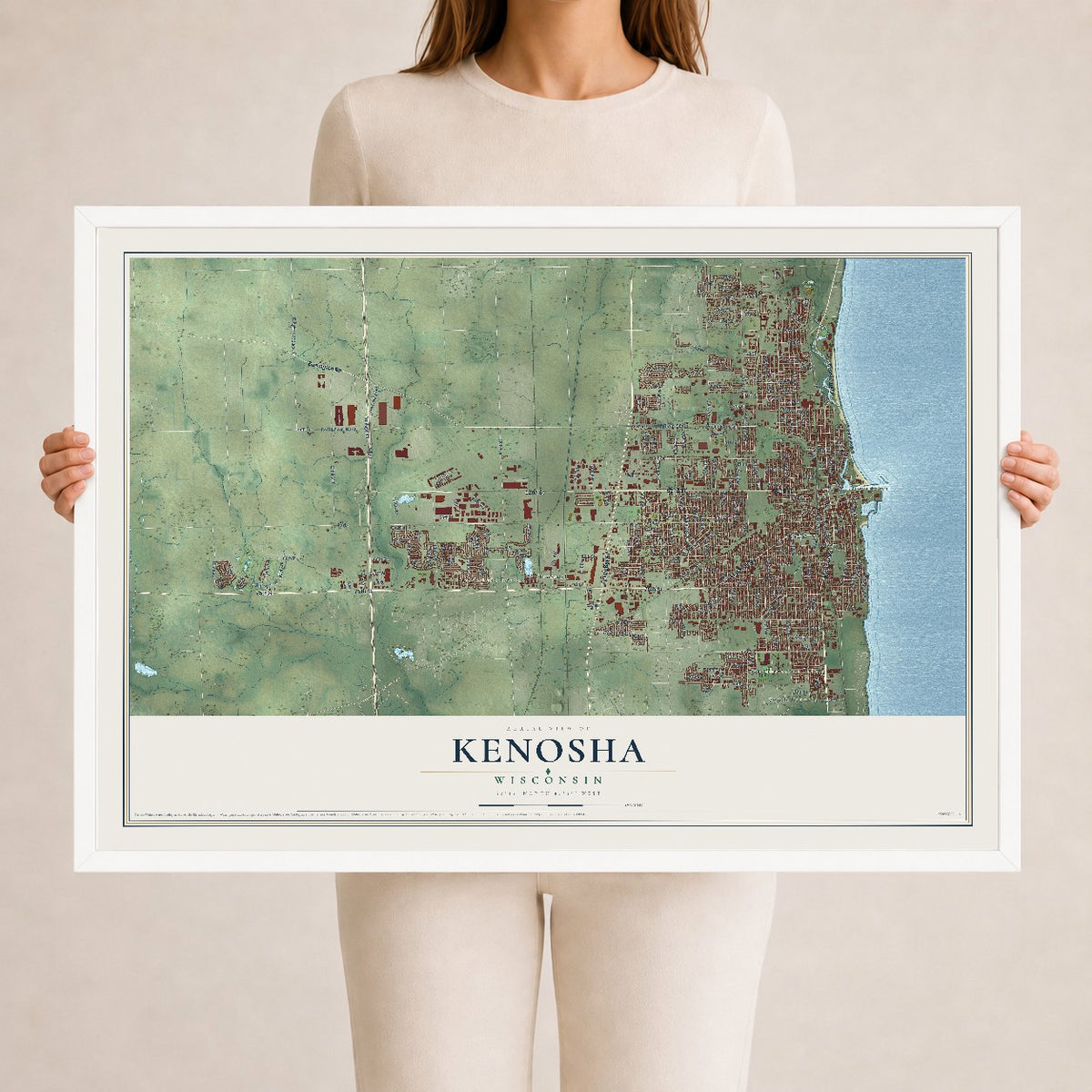 Map of Kenosha, Wisconsin, 24 x 36 inch print in a white wood frame