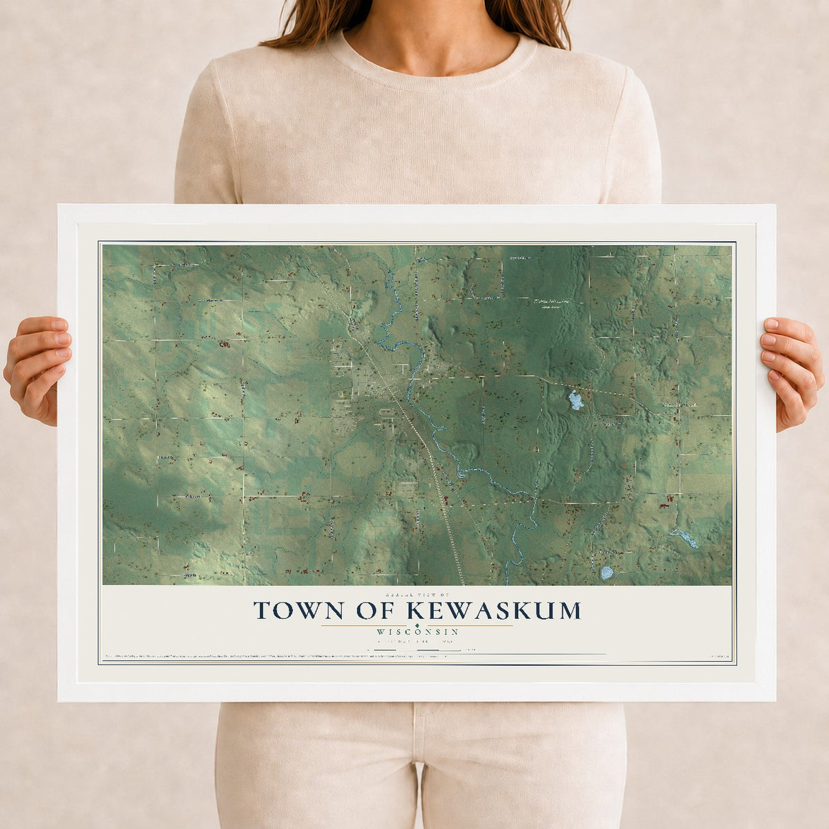 Map of the Town of Kewaskum, Wisconsin, 12 x 18 inch print in a white wood frame