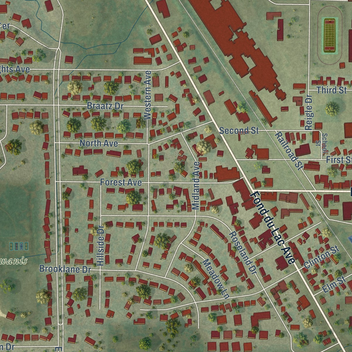 Close-up of the map of Kewaskum, Wisconsin print showing street and building detail