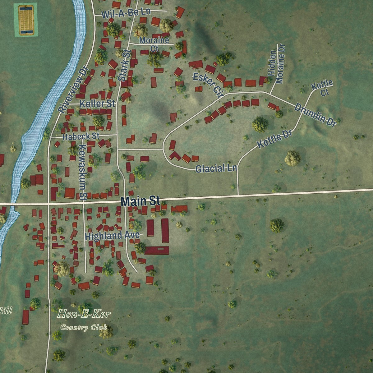 Second close-up of the map of Kewaskum, Wisconsin print showing more streets and buildings