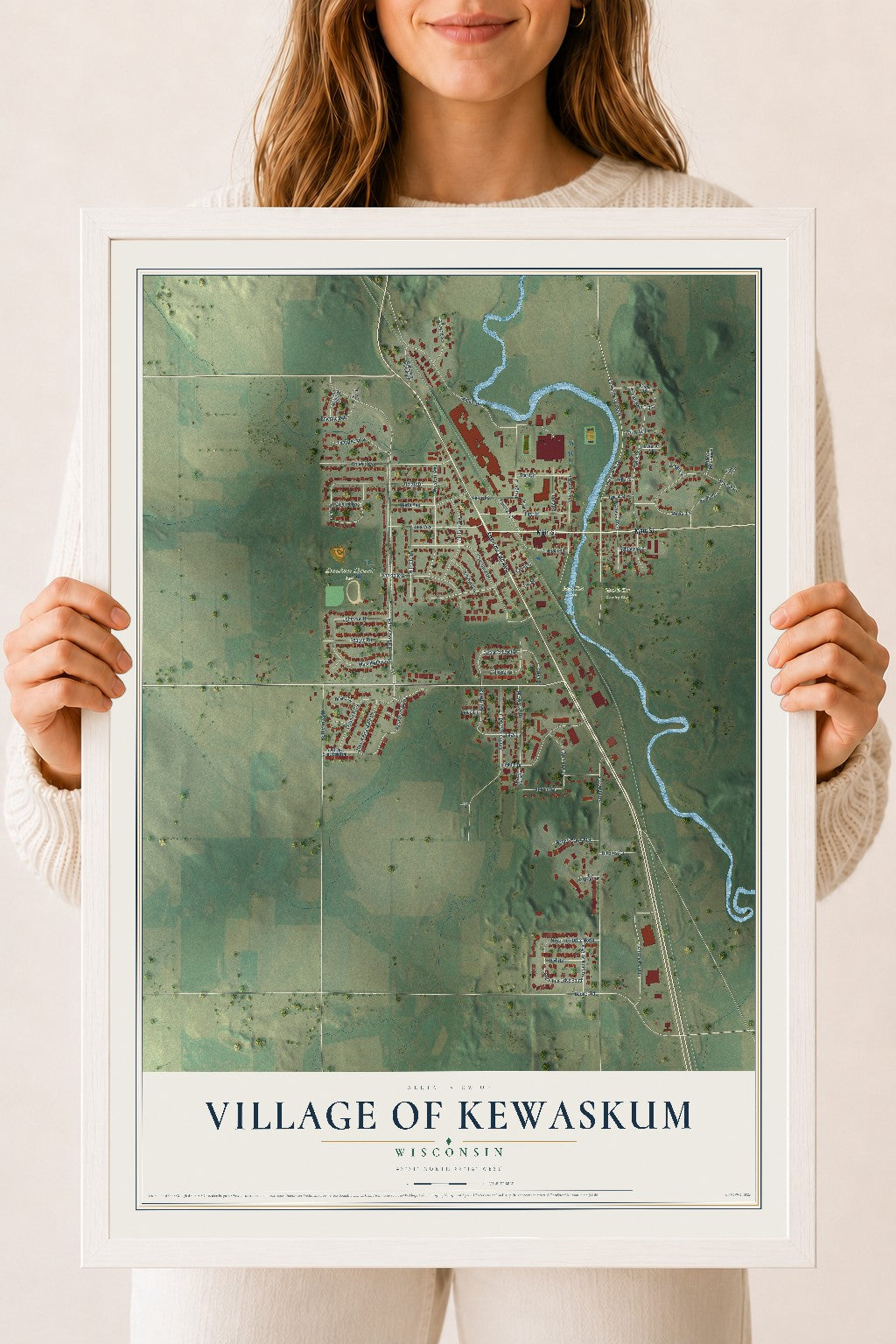 Map of Kewaskum, Wisconsin, 18 x 24 inch print in a white wood frame