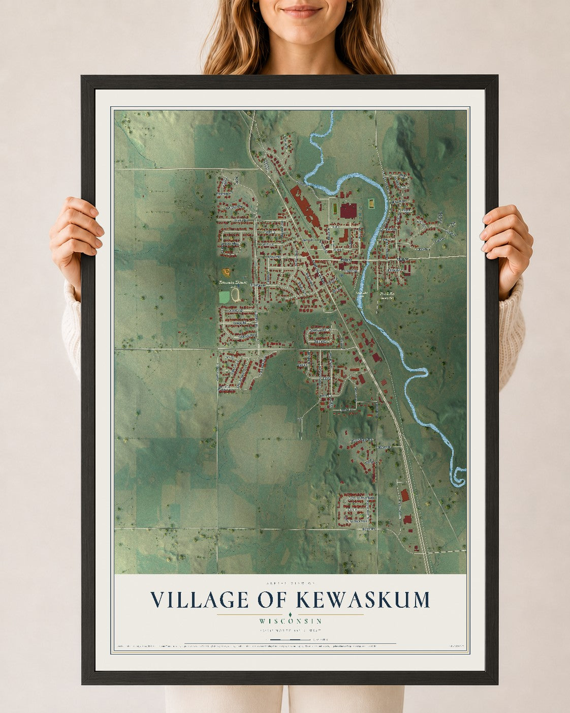 Map of Kewaskum, Wisconsin, 24 x 36 inch print in a black wood frame