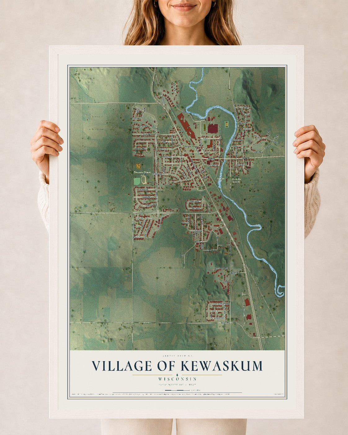 Map of Kewaskum, Wisconsin, 24 x 36 inch print in a white wood frame