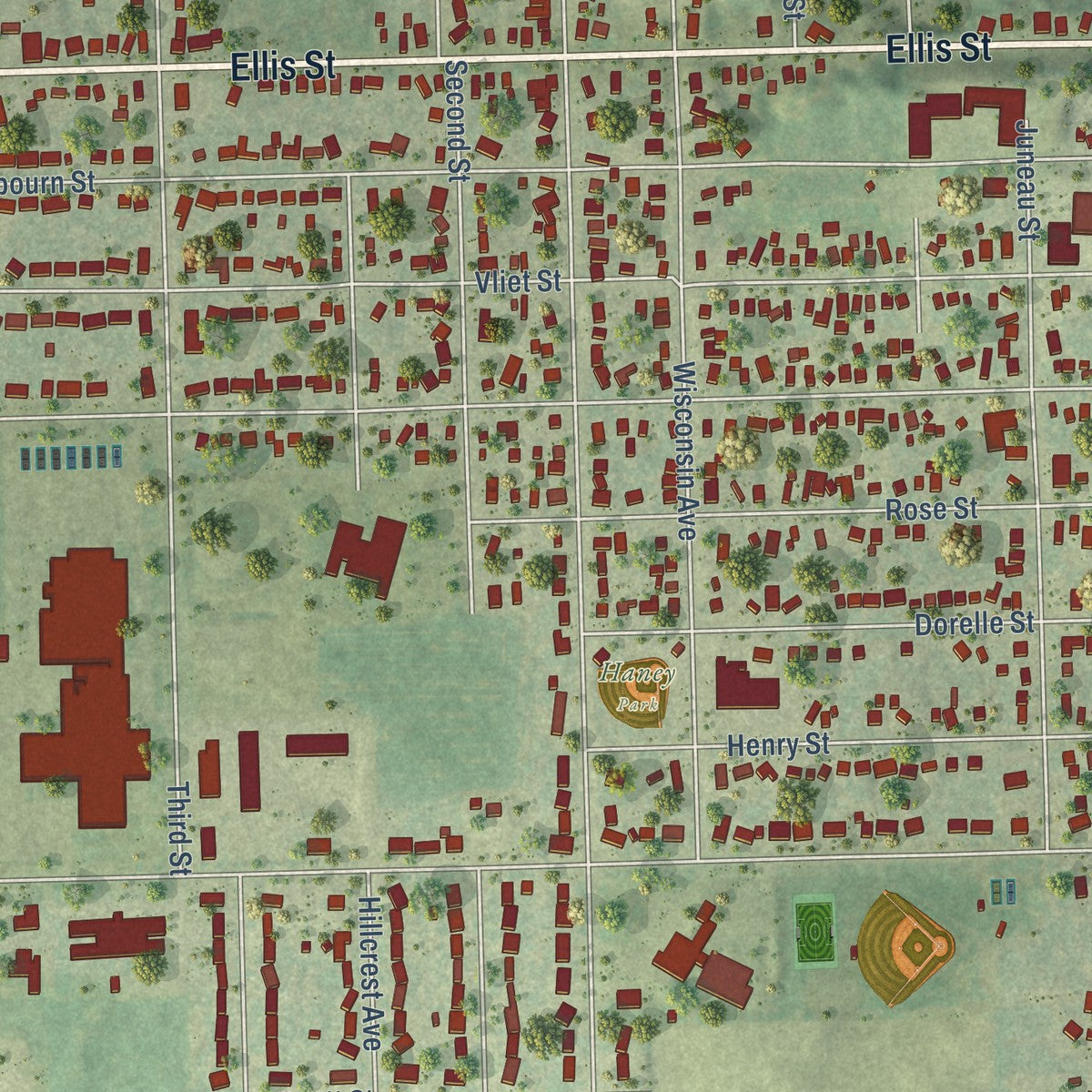 Close-up of the map of Kewaunee, Wisconsin print showing street and building detail