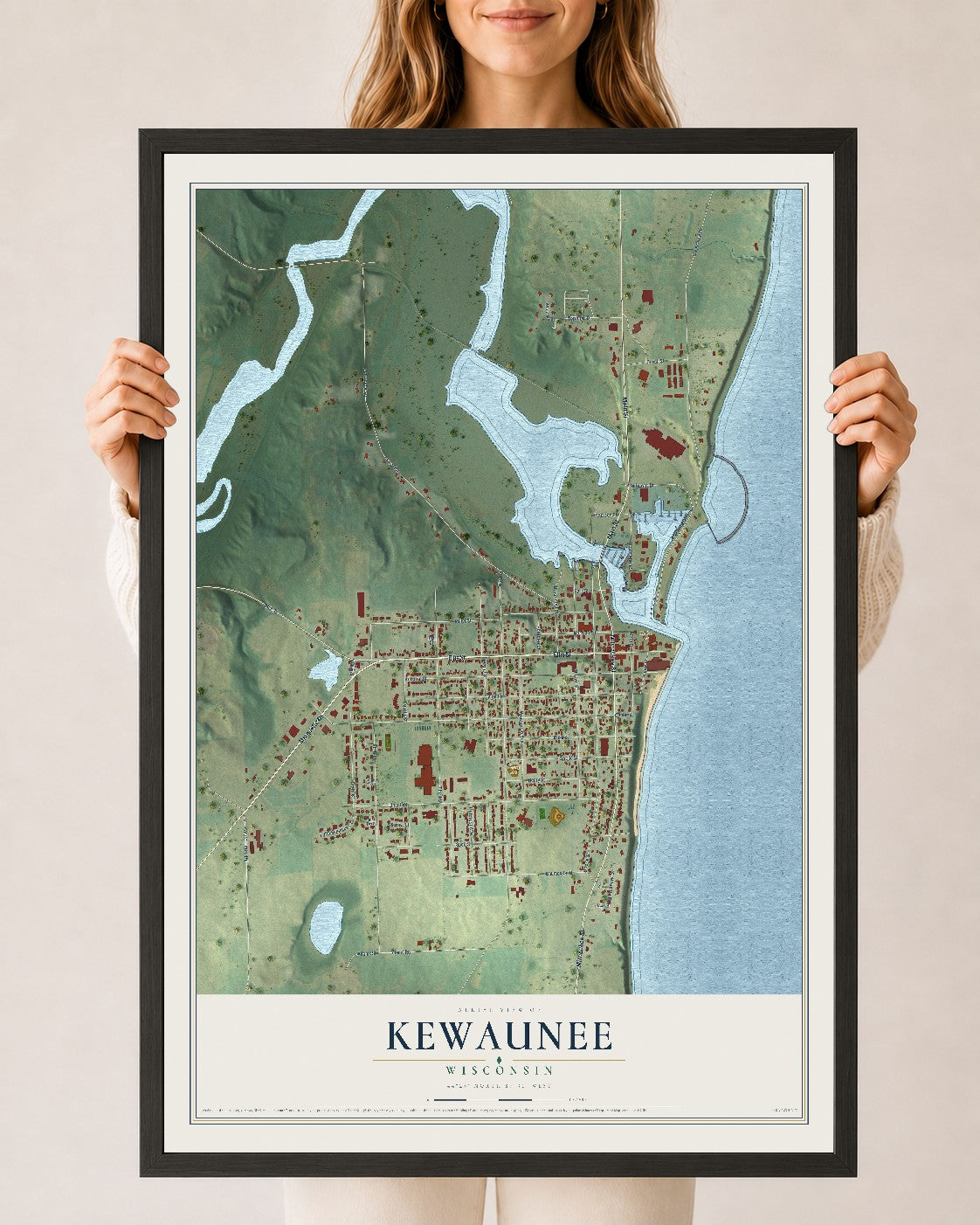 Map of Kewaunee, Wisconsin, 24 x 36 inch print in a black wood frame