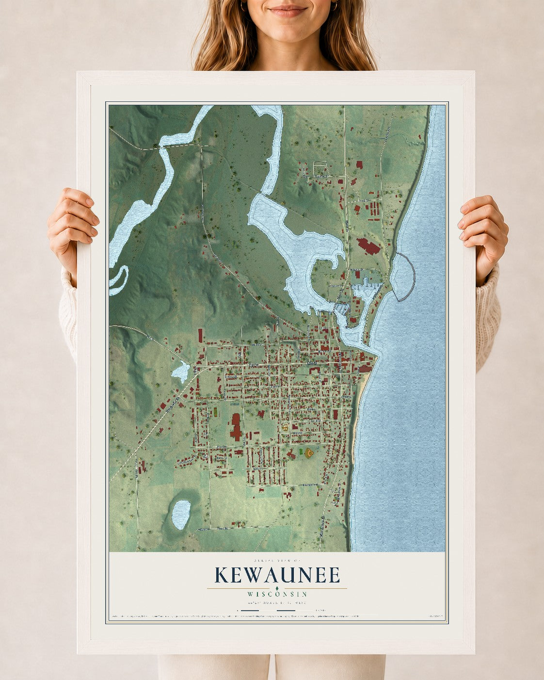 Map of Kewaunee, Wisconsin, 24 x 36 inch print in a white wood frame