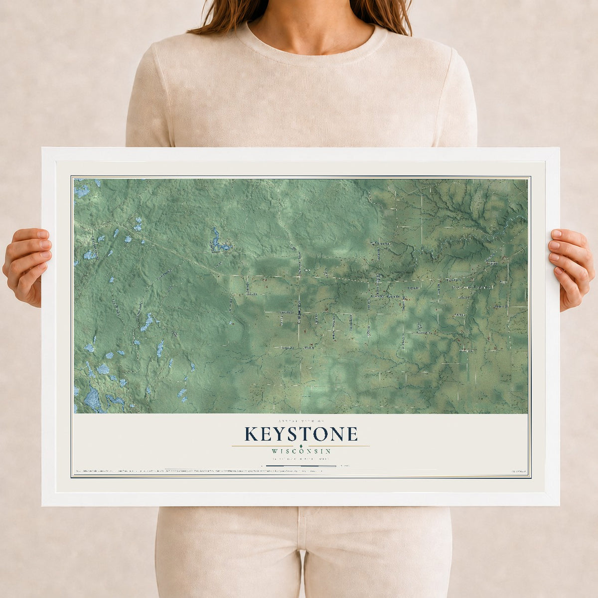 Map of Keystone, Wisconsin, 12 x 18 inch print in a white wood frame