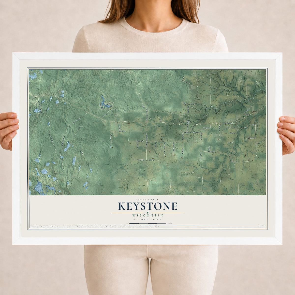 Map of Keystone, Wisconsin, 18 x 24 inch print in a white wood frame