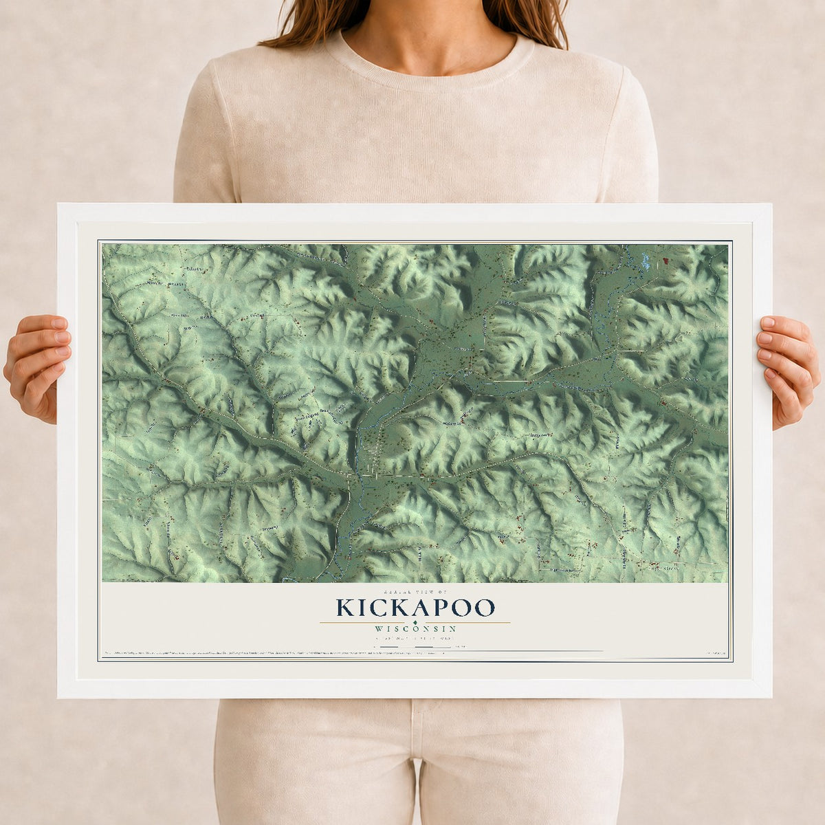 Map of Kickapoo, Wisconsin, 12 x 18 inch print in a white wood frame