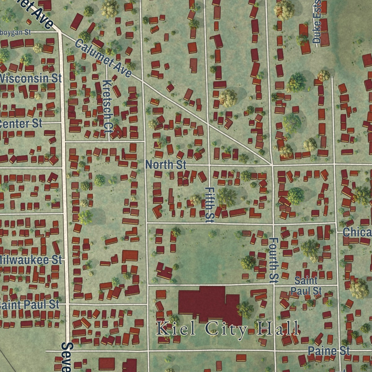 Close-up of the map of Kiel, Wisconsin print showing street and building detail