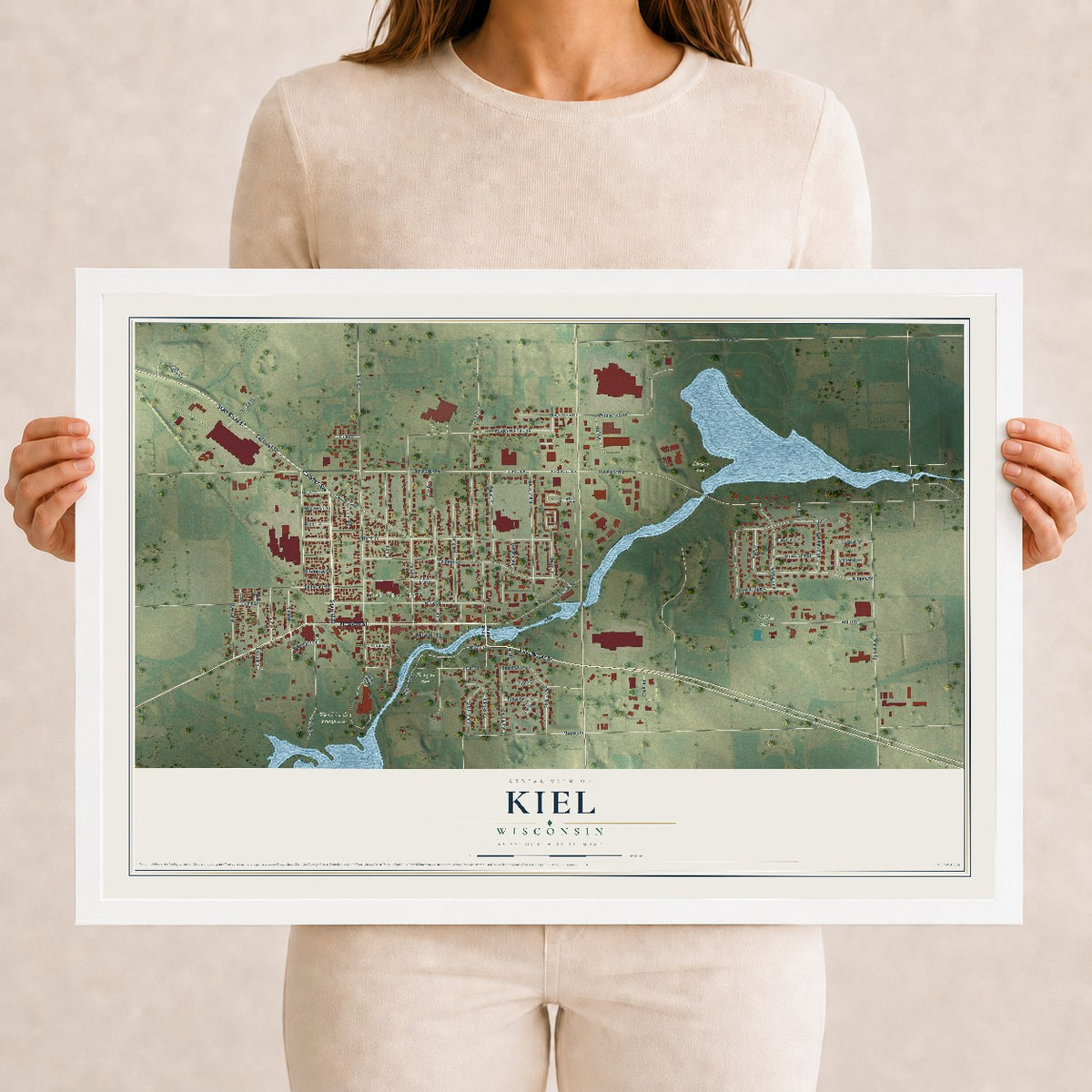 Map of Kiel, Wisconsin, 12 x 18 inch print in a white wood frame