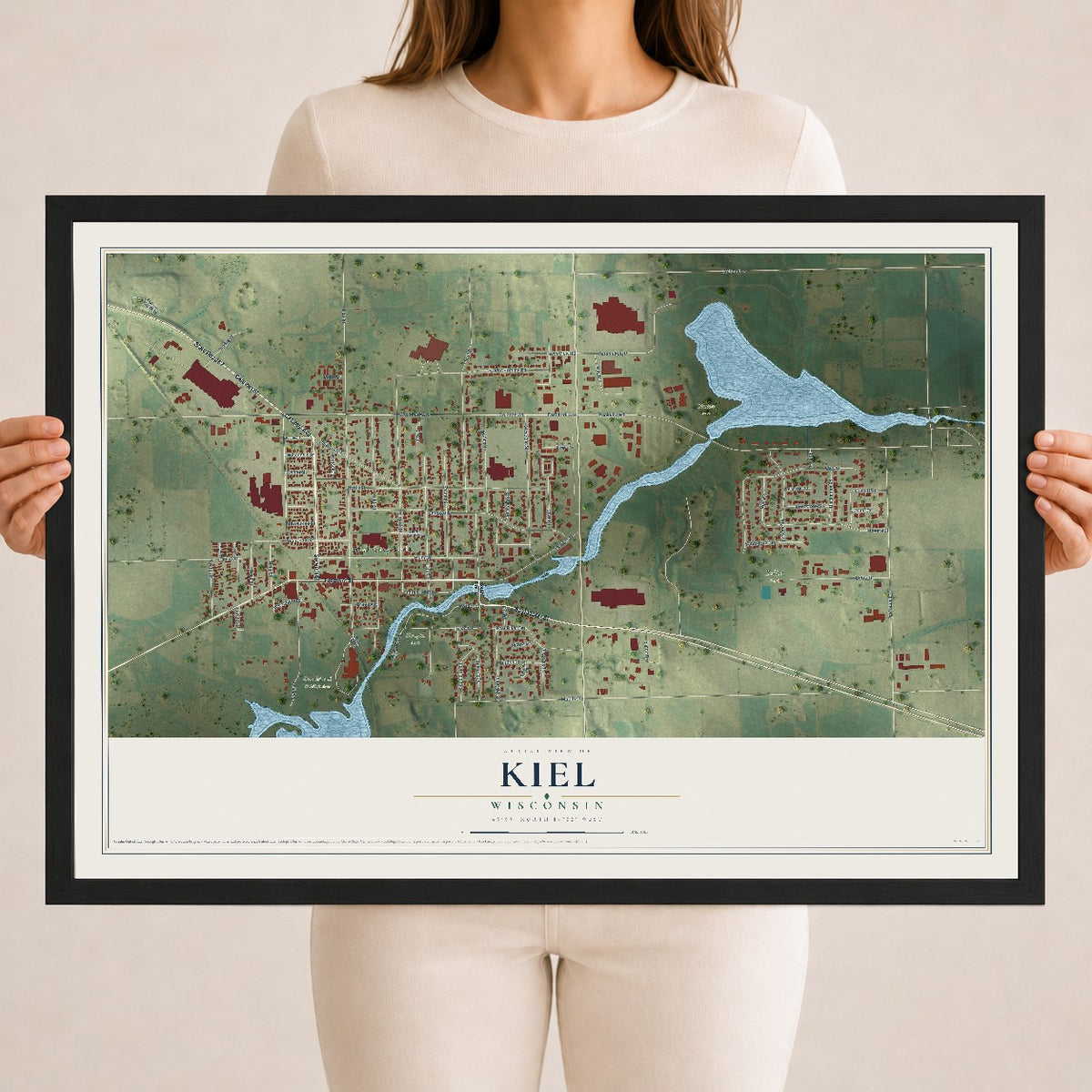 Map of Kiel, Wisconsin, 18 x 24 inch print in a black wood frame