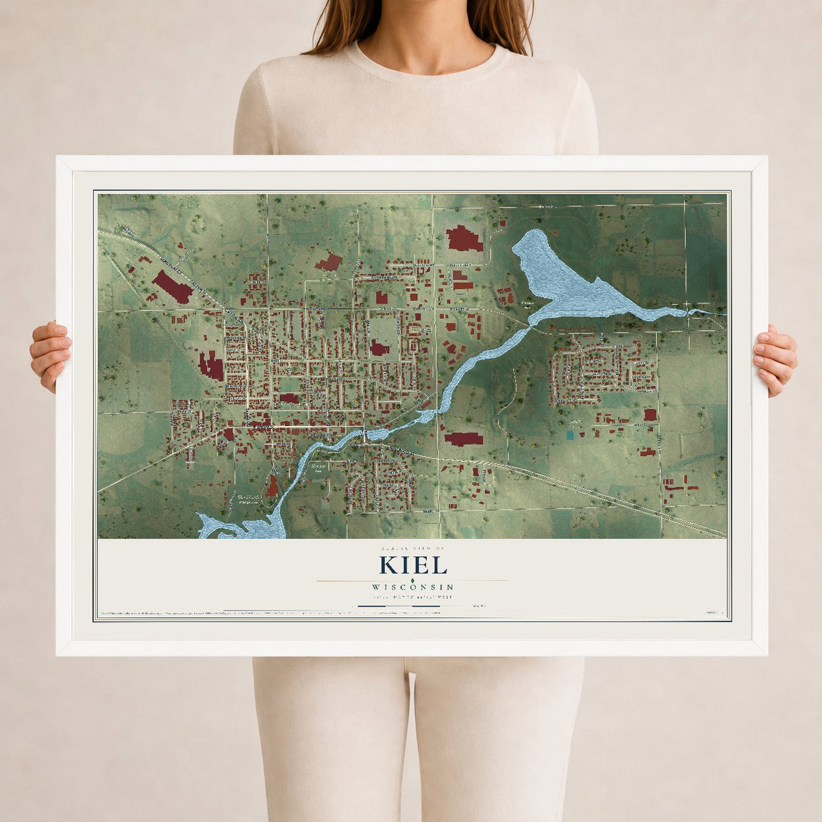 Map of Kiel, Wisconsin, 24 x 36 inch print in a white wood frame