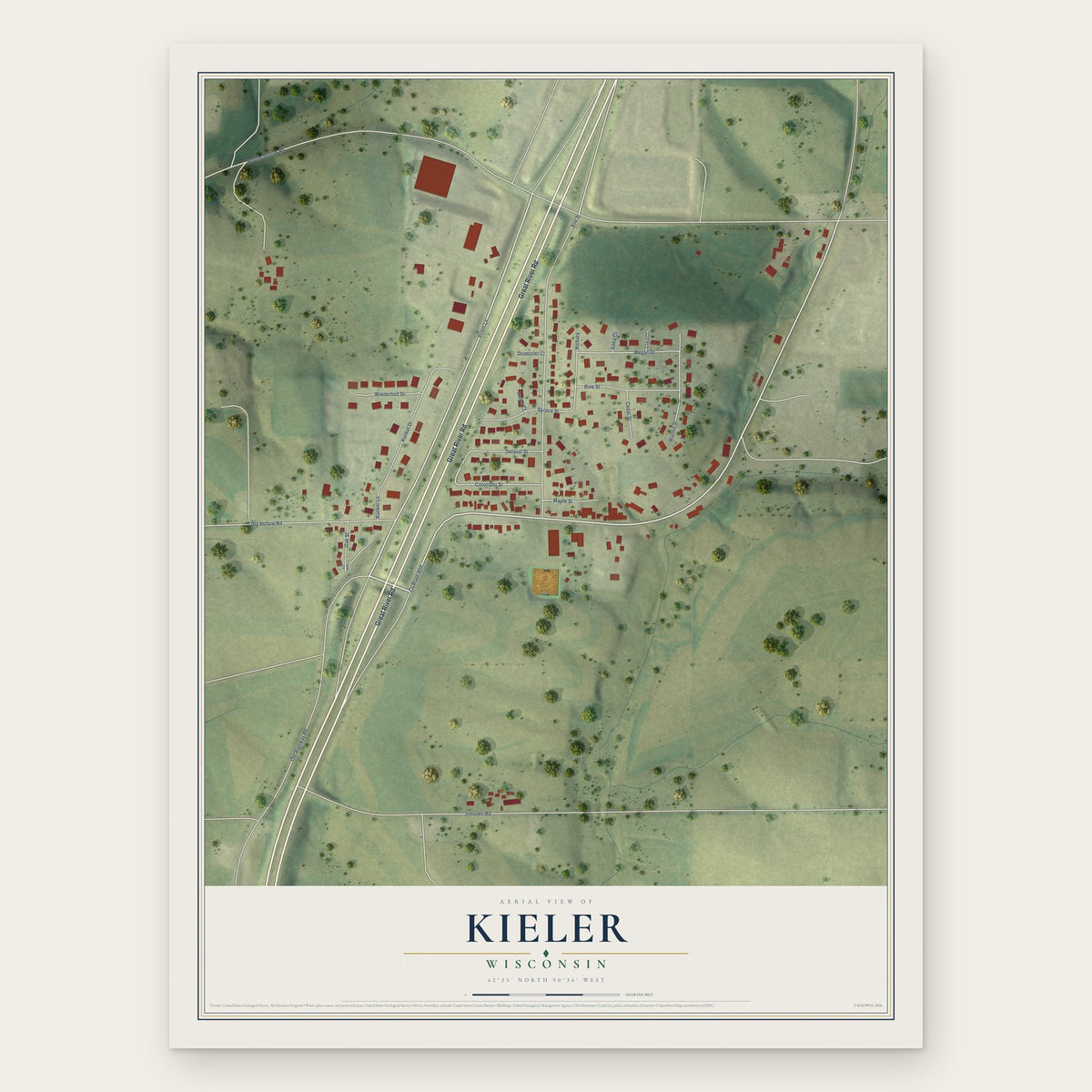 Kieler, Wisconsin map print, the full design