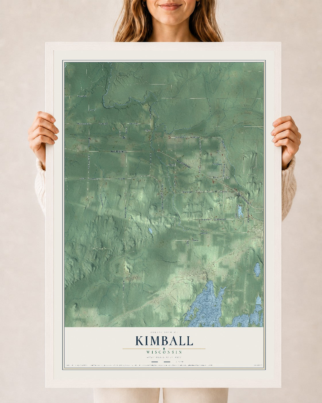 Map of Kimball, Wisconsin, 24 x 36 inch print in a white wood frame