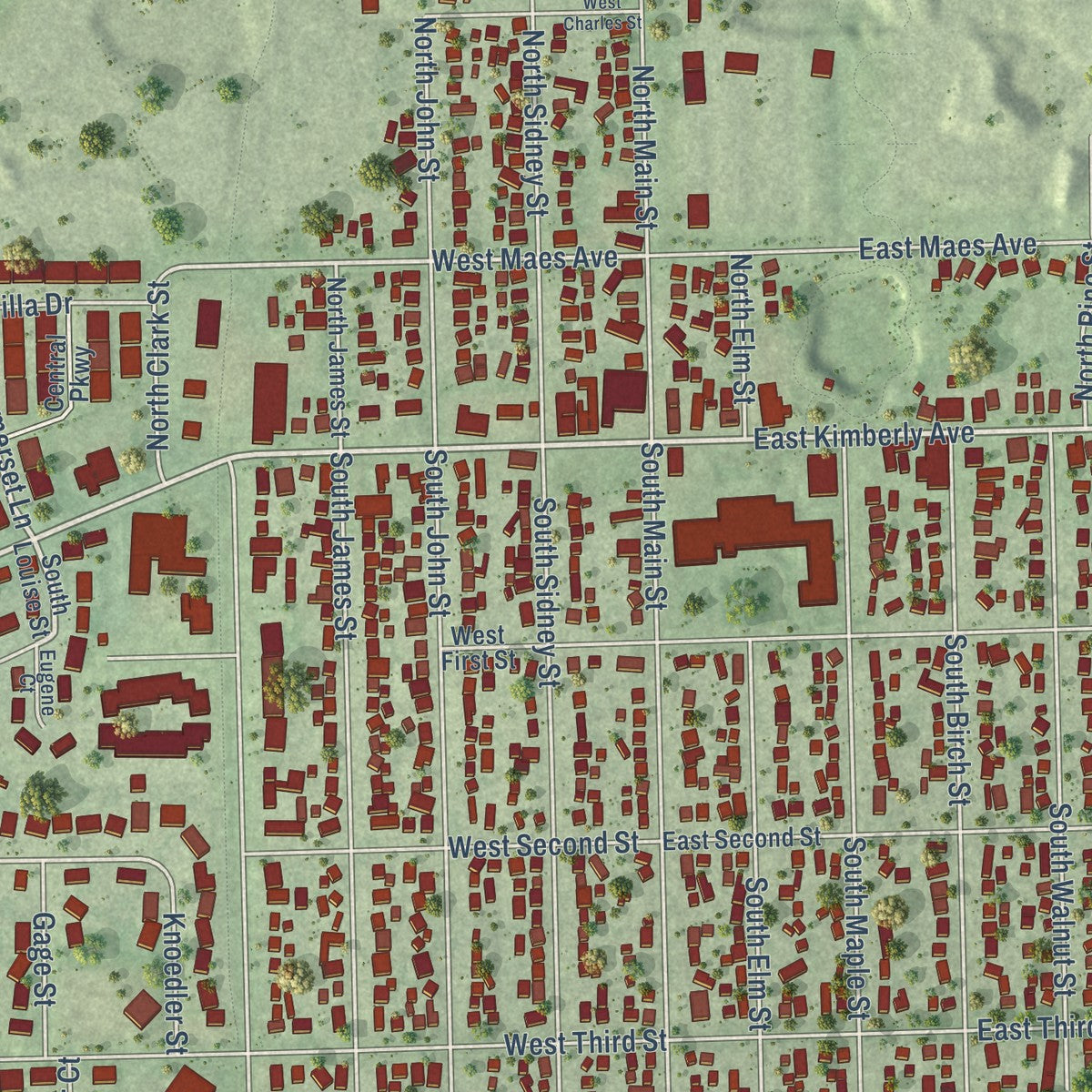 Close-up of the map of Kimberly, Wisconsin print showing street and building detail