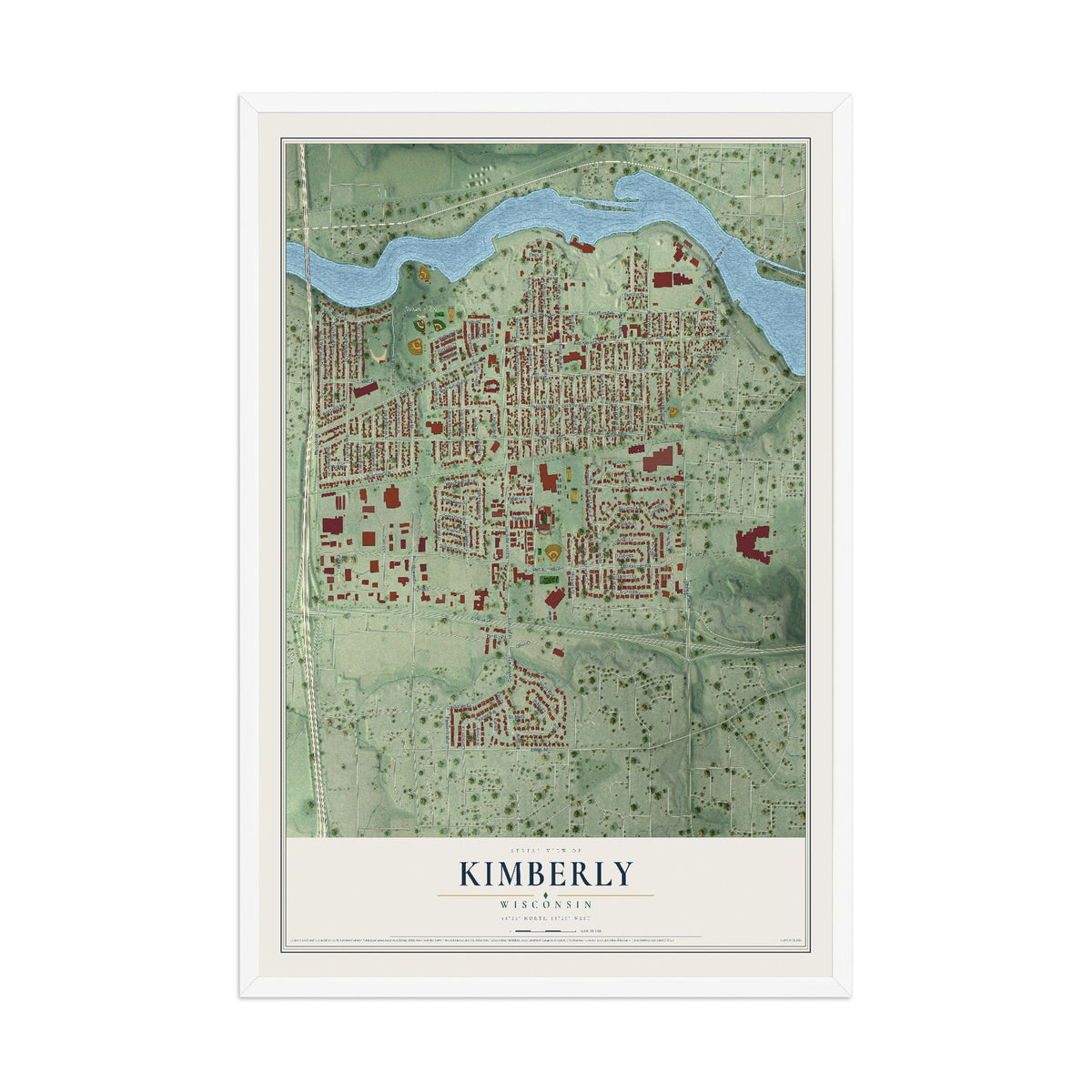 Map of Kimberly, Wisconsin, 12 x 18 inch print in a white wood frame