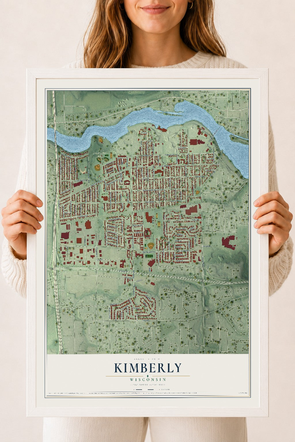 Map of Kimberly, Wisconsin, 18 x 24 inch print in a white wood frame
