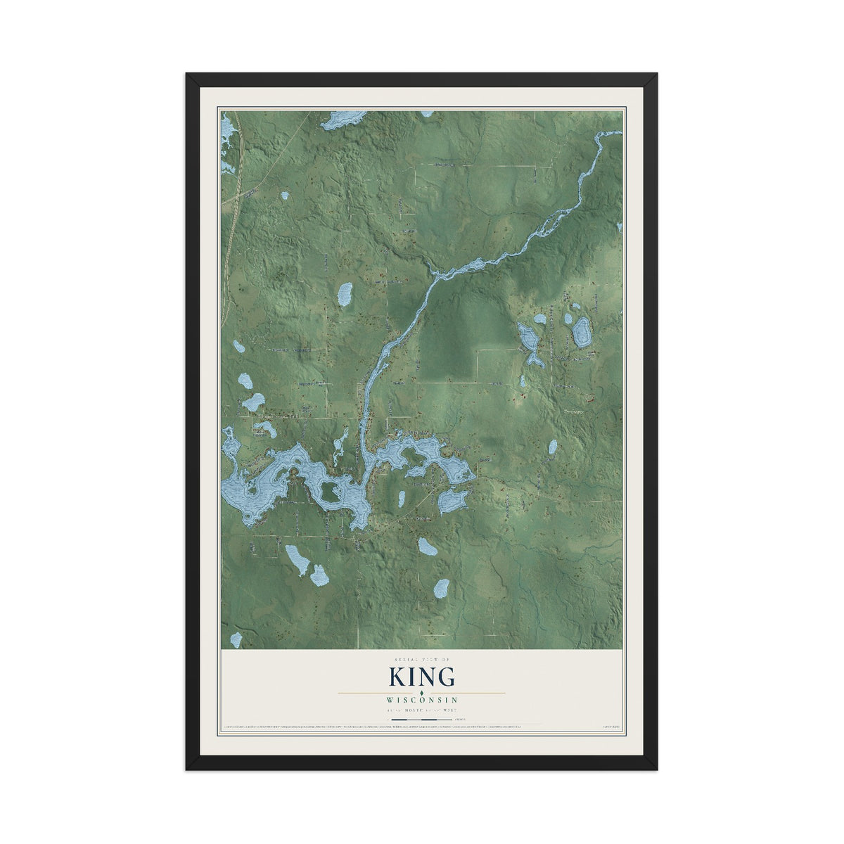 Map of King, Wisconsin, 12 x 18 inch print in a black wood frame