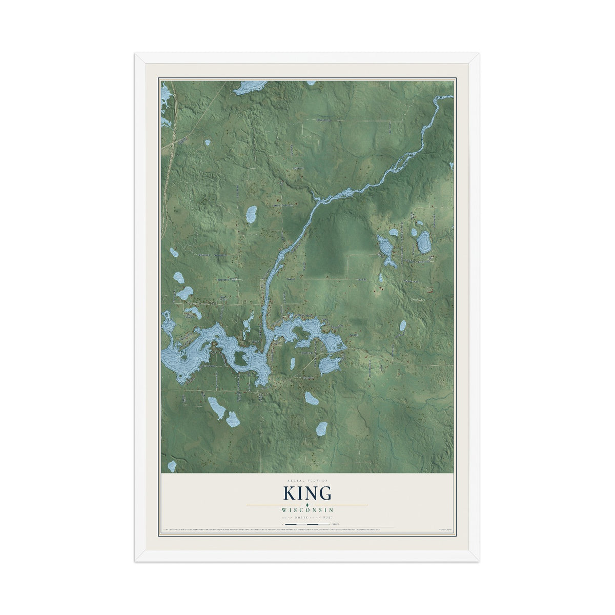 Map of King, Wisconsin, 12 x 18 inch print in a white wood frame